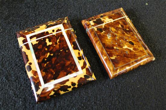 Mother of pearl-banded tortoiseshell card case & another case inset silver pique peacock design